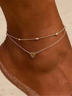 18K Gold Plated Double Layer Beaded Heart Charm Anklet